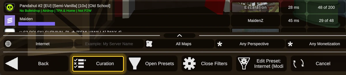 The Curation button at the bottom of the Unturned server browser